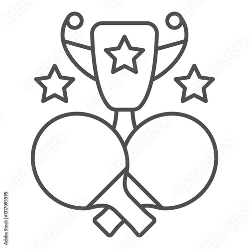 Two tennis rackets, winner cup thin line icon, tennis sport game concept. Vector graphics. Award trophy sign on white background, outline style icon for mobile or web design.