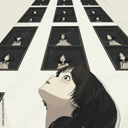 Girl looking up at a single building, angle from below, crazy eyes