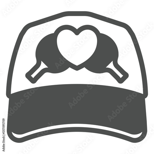 Sport hat with rackets and heart solid icon, tennis game concept. Vector graphics. Favorite sport headwear sign on white background, glyph style icon for mobile or web design.