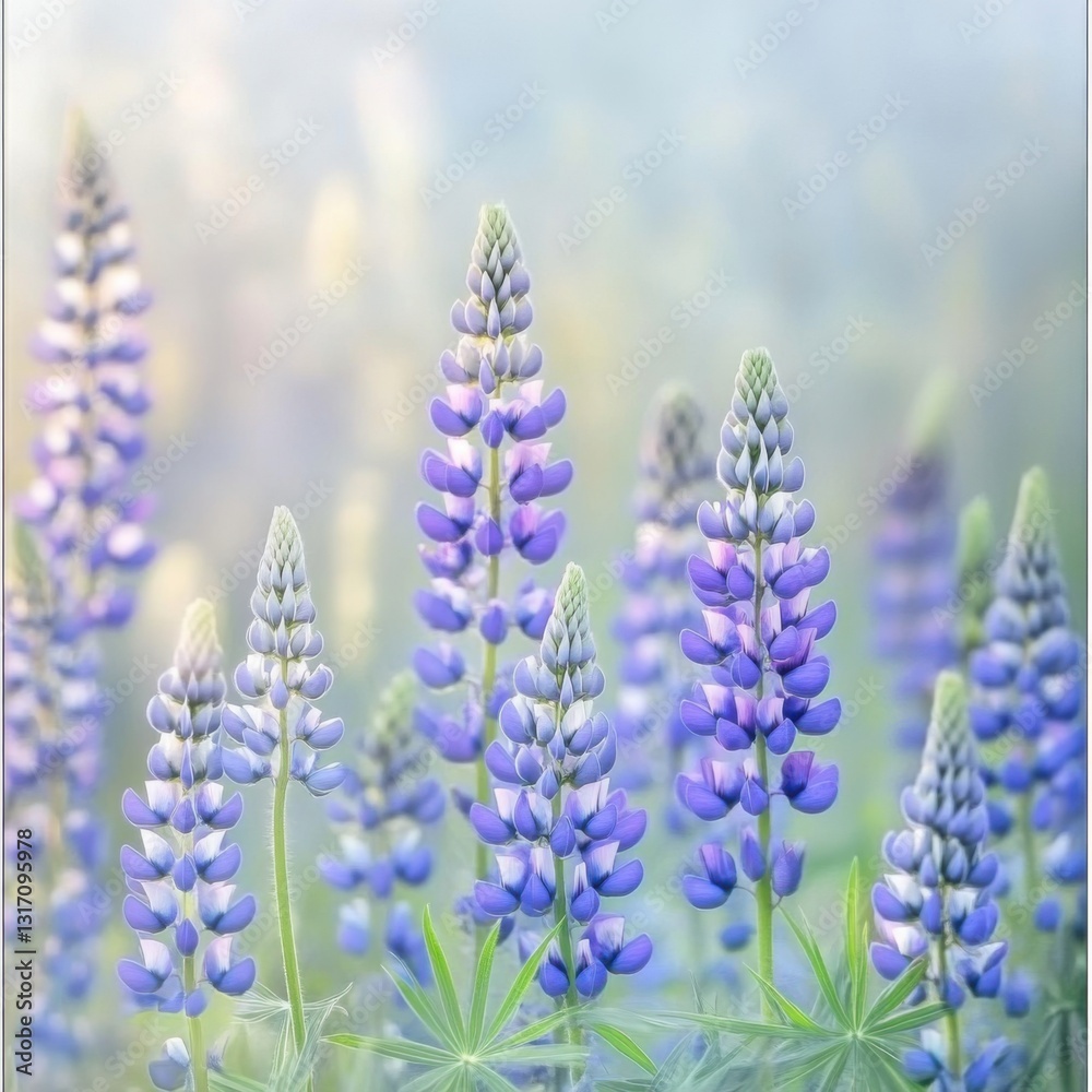 Fototapeta premium Beautiful, glowing blue phantasmal flowers in the meadow, with a blurred background
