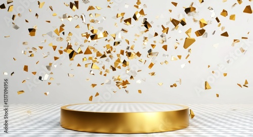 Golden Celebration: Abstract 3D Render of a Luxurious Podium with Falling Confetti