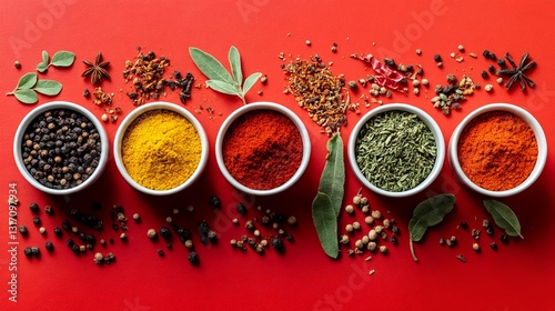 Fototapeta Naklejka Na Ścianę i Meble -  Variedad de especias y hierbas dispuestas sobre un fondo rojo vibrante, mostrando colores y texturas diversificadas.
