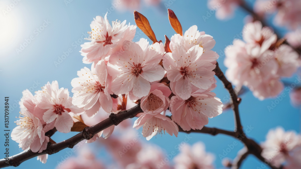Blooming sakura branch with soft pink flowers against a bright blue spring sky, close up Blooming sakura branch with soft pink flowers against a bright blue spring sky, close up