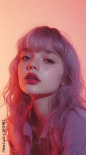 Portrait of a young woman with pink hair and glitter makeup against a gradient orange background artistic face with red lips and pink outfit