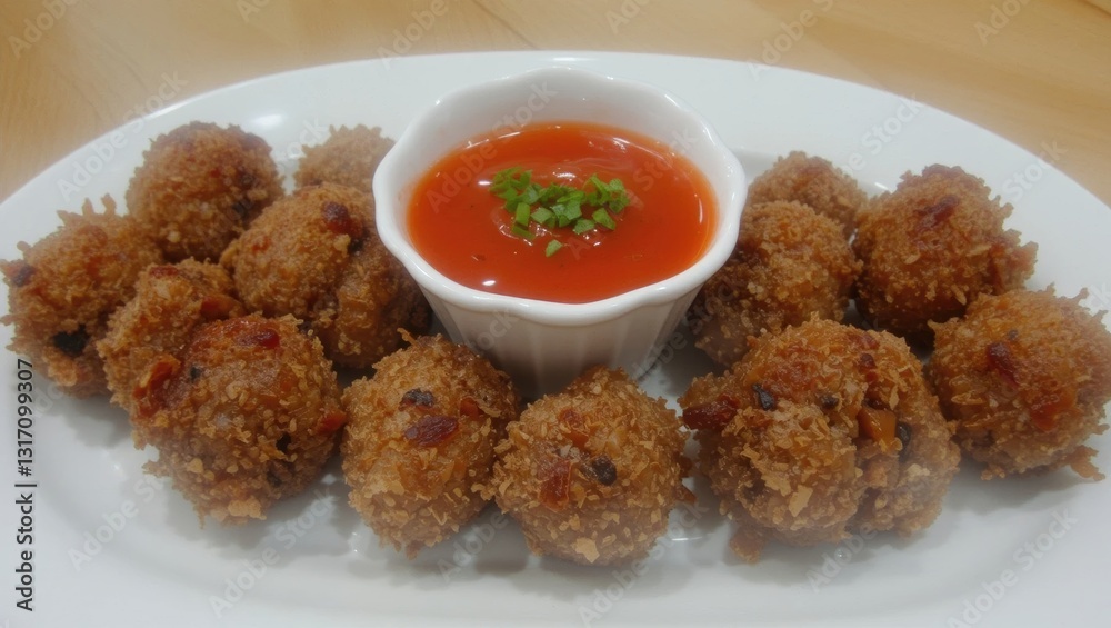 Crispy Fried Vegetable Balls Served with Tangy Tomato Sauce on a White Plate