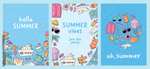 Summer banners collection decorated with doodles and lettering quotes. Good for summer templates, posters, prints, greeting cards, invitations, social media decor, advertising. EPS 10