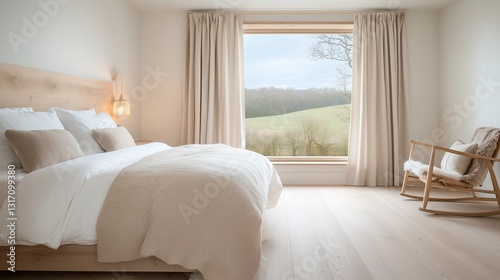 Tranquil Minimalist Bedroom Oasis with Expansive Countryside Views