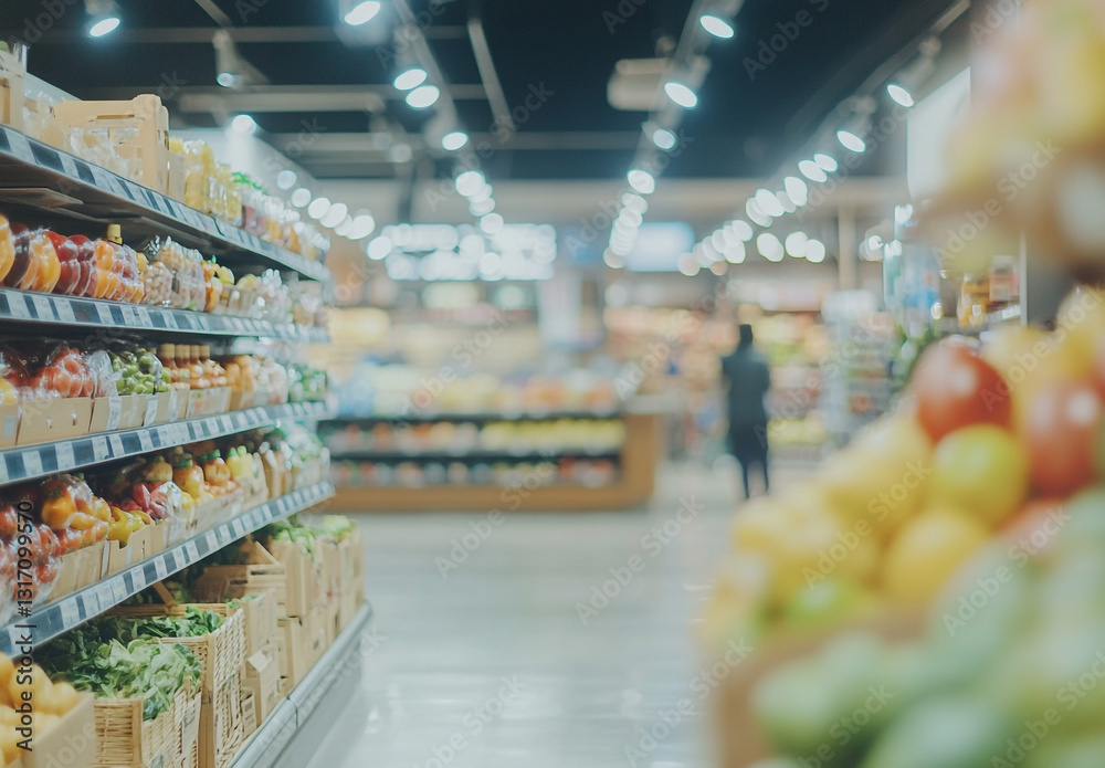 Fototapeta premium A grocery store aisle with fresh produce vegetables and shelves with various products on the right. Two people are walking down the aisle with a shopping cart.
