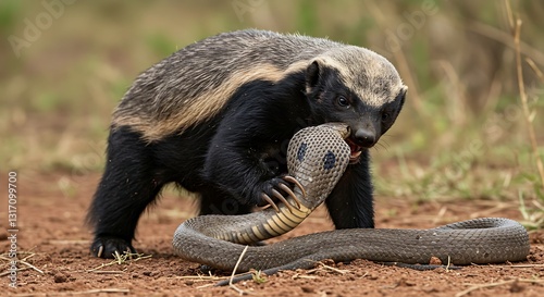 A vicious honey badger fearlessly fighting a cobra