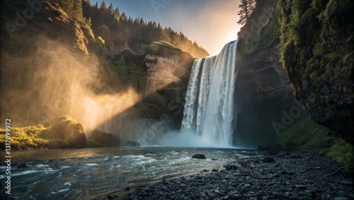 Bokeh Dreamscape: Sunlit Waterfall Cascades into Sparkling River Outlet