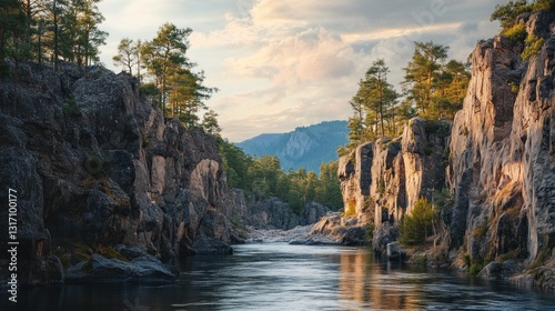 Scenic river voyage through rugged canyon landscape under a serene cloudy sky