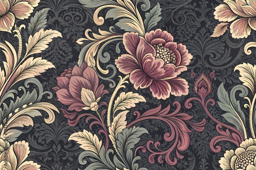 Fototapeta Vintage floral seamless pattern with ornate leaf and vector flower design