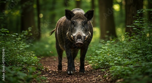 A wild boar charging through the forest with an intense gaze