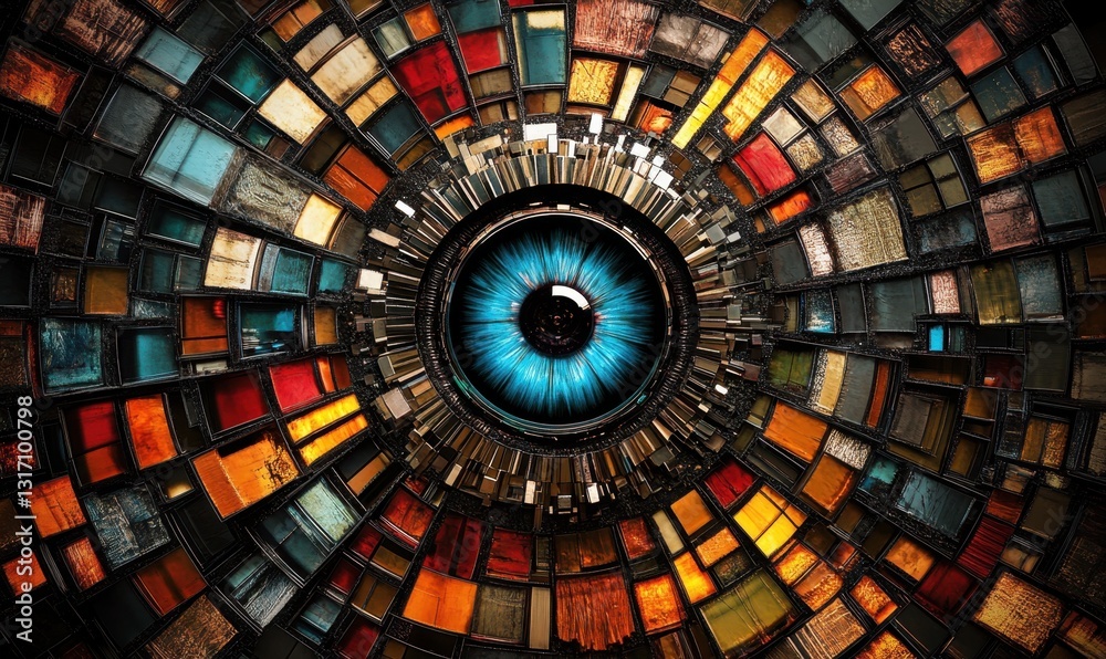 Fototapeta premium Blue eye observes colorful mosaic pattern, data visualization concept