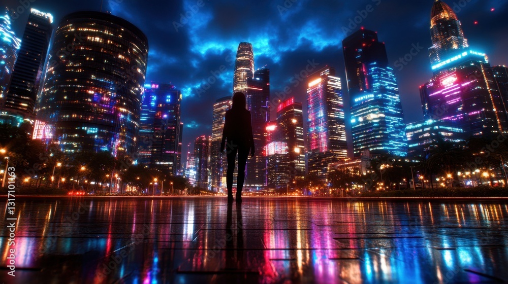 Obraz premium A silhouette stands by a reflective surface, gazing at a vibrant, illuminated city skyline under a dramatic night sky.