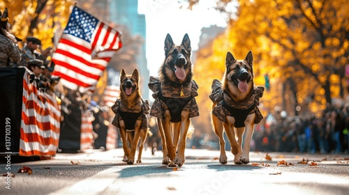Heartfelt Celebration of National K9 Veterans Day: Dogs in Military Gear Honor Service, Loyalty, and Sacrifice at a Colorful Parade Surrounded by Autumn Foliage