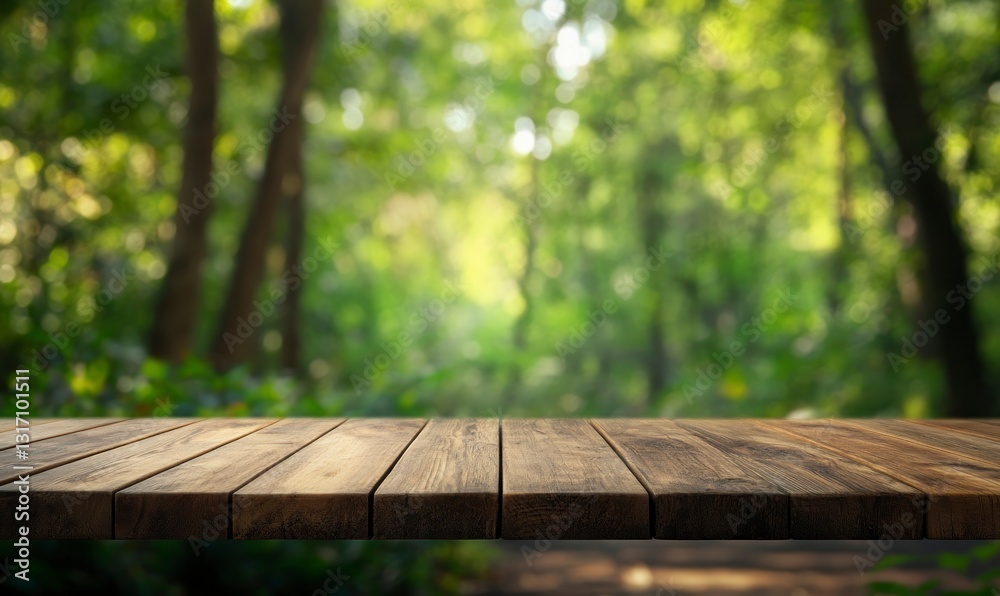 Fototapeta premium Wooden Table Surface in Forest Setting for Product Mockups Display