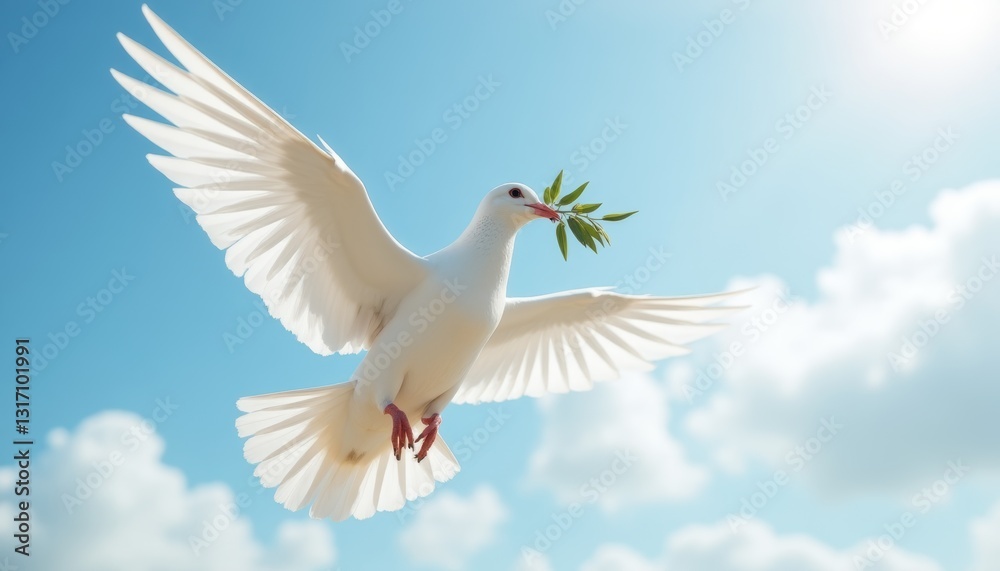 Fototapeta premium White dove mid-flight against a bright blue sky with scattered clouds, holding an olive branch in its beak. Peace, hope, and purity. Peace initiatives, religious contexts, and inspirational content.