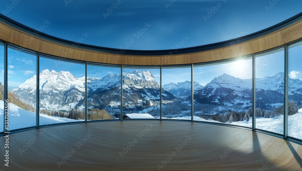 Fototapeta premium Snow-covered Swiss mountain peaks in winter – breathtaking view from Treble and Panorama House at Cabinett Museum
