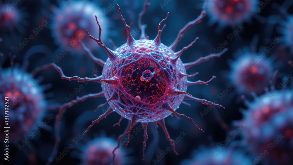 Microscopic View of a Virus with Red and Blue Colors Surrounded by Multiple Cellular Structures Microscopic View of a Virus with Red and Blue Colors Surrounded by Multiple Cellular Structures