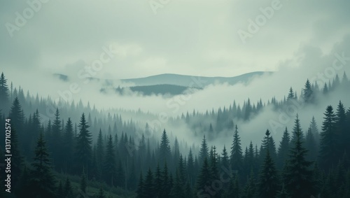 Misty Forest Landscape with Trees and Rolling Hills Under Cloudy Sky in Tranquil Atmosphere
