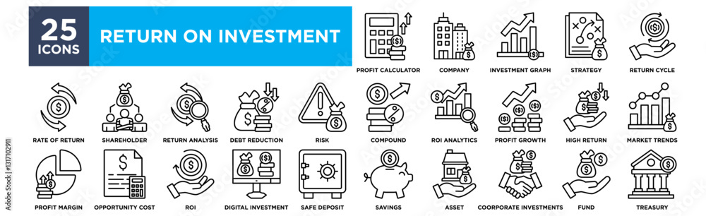 Return on Investment icon collection set. Containing design profit calculator,company,investment graph,strategy,return cycle
Return on Investment icon collection set. Containing design profit calculator,company,investment graph,strategy,return cycle