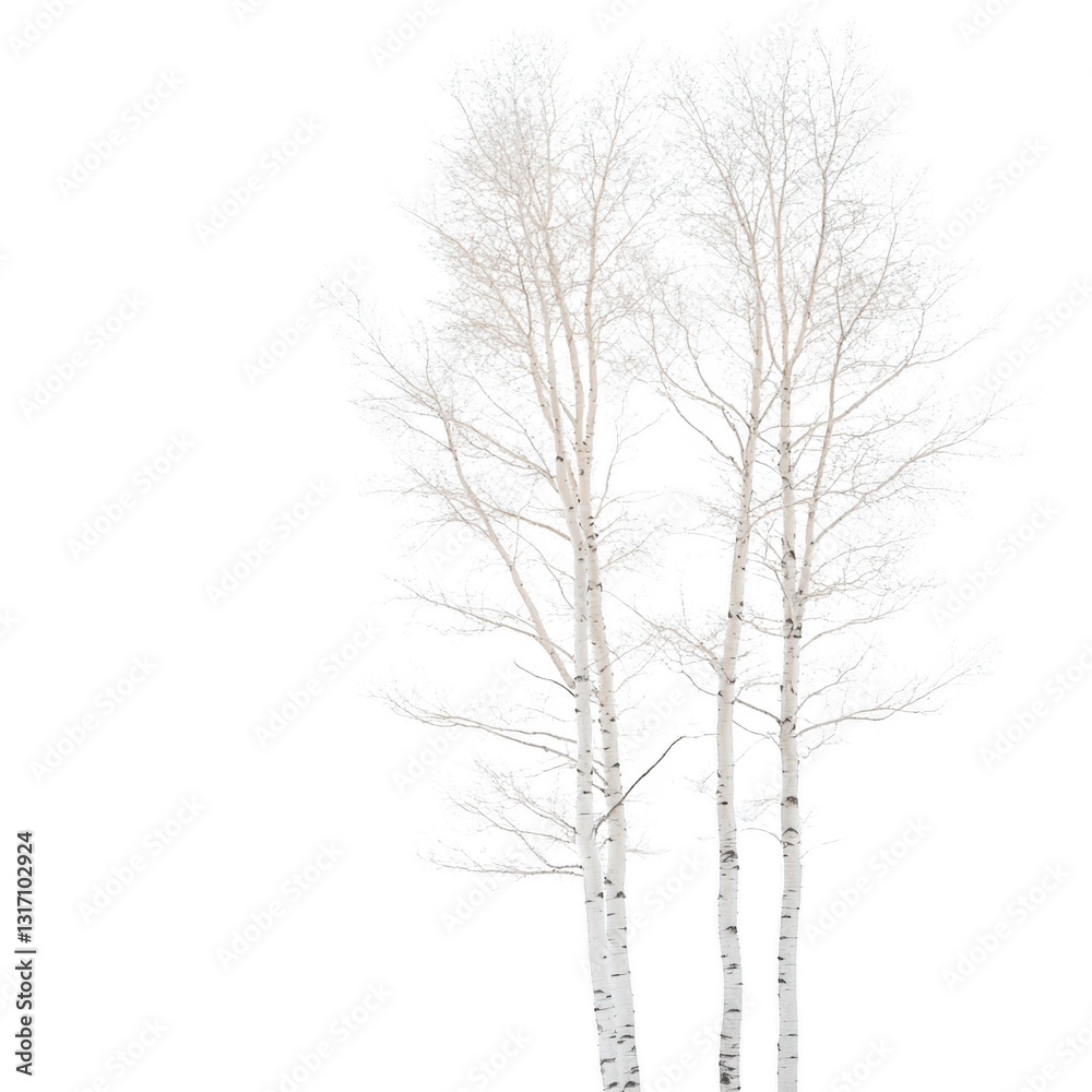 Three white birch trees stand tall in a snowy landscape. The trees are bare and stripped of leaves, giving the scene a serene and peaceful atmosphere Three white birch trees stand tall in a snowy landscape. The trees are bare and stripped of leaves, giving the scene a serene and peaceful atmosphere