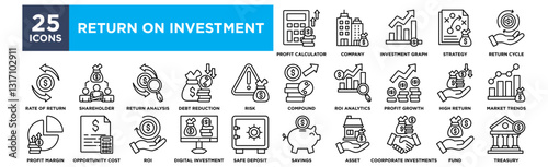 Return on Investment icon collection set. Containing design profit calculator,company,investment graph,strategy,return cycle





