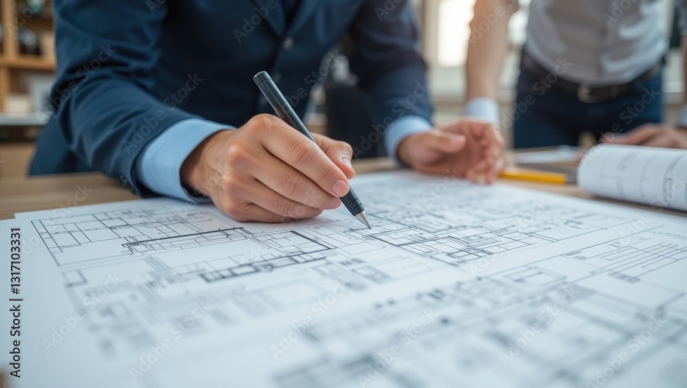Professional Team Discussing Architectural Plans and Strategies in a Modern Workspace Professional Team Discussing Architectural Plans and Strategies in a Modern Workspace