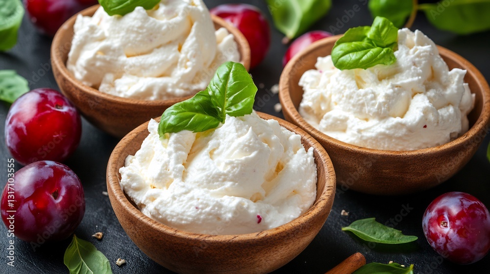 Delicious Creamy Dessert Plums Soft Light. AI Generated Delicious Creamy Dessert Plums Soft Light. AI Generated