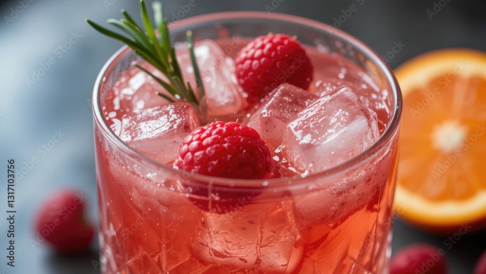Refreshing Raspberry Citrus Cocktail Garnished with Fresh Herbs and Ice on a Dark Surface Refreshing Raspberry Citrus Cocktail Garnished with Fresh Herbs and Ice on a Dark Surface