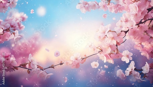 桜舞う幻想的な春のイメージ背景,Fantastic spring image background with cherry blossoms falling,