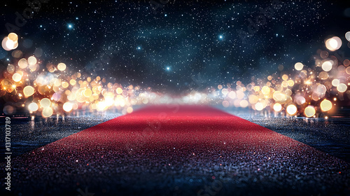 Red Carpet Spotlight With Glittering Golden Bokeh Effect On Dark Starry Night Background Elegant Illuminated Pathway