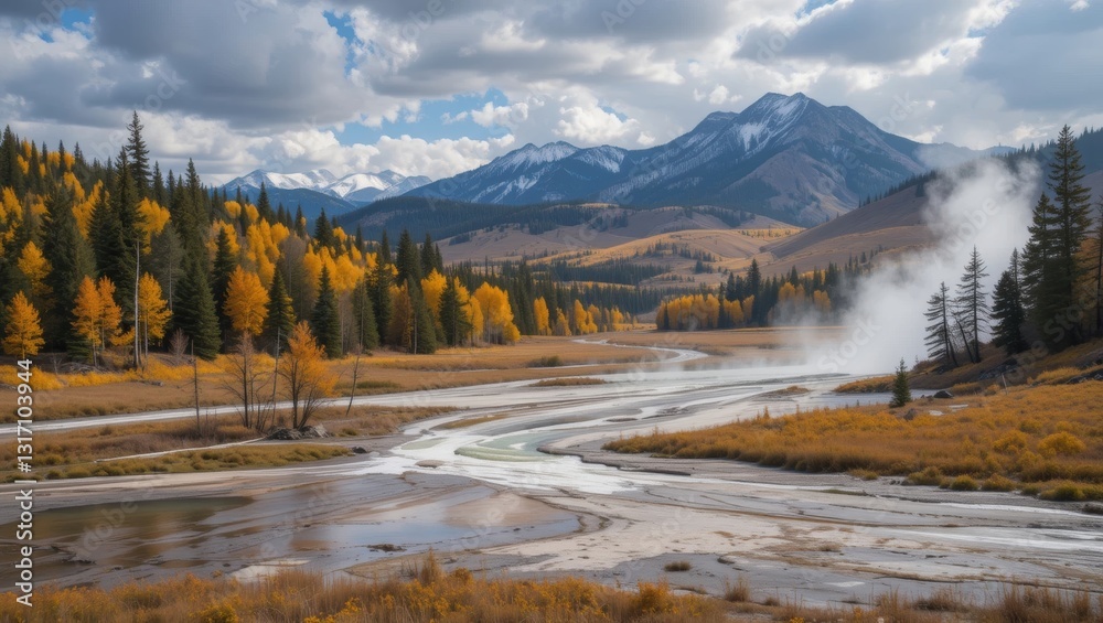 Scenic Autumn Landscape with Colorful Trees and Flowing Stream in Mountainous Region Scenic Autumn Landscape with Colorful Trees and Flowing Stream in Mountainous Region