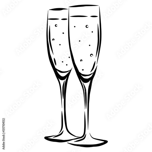 Pair of Champagne Glasses Outline Champagne Flute Vector Sparkling Champagne in Glass Illustration Luxury Element Celebration Drink Menu Bar Vintage Hand Drawn Glass Toast