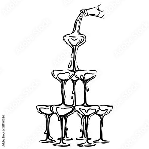Bottle Pour Champagne on Glass Tower Illustration Champagne Tower Line Art  Champagne Glass Pyramid Outline Liquid Flowing Line Art Line Art for Wedding Vector Beverage Illustration Celebration