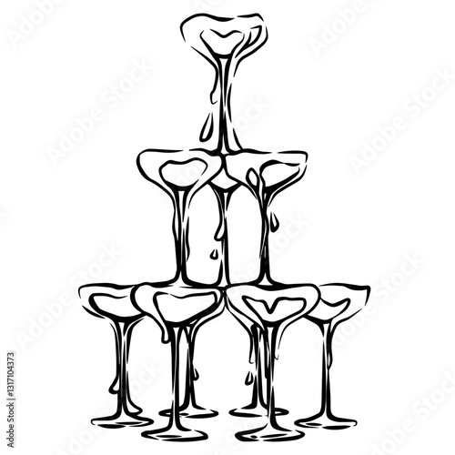 Liquid Flowing Down on Glass Tower Line Art Champagne Tower Hand Drawn Champagne Glass Pyramid Neat Line Art Fountain Wine Flowing Tower Wedding Vector Beverage Illustration Celebration