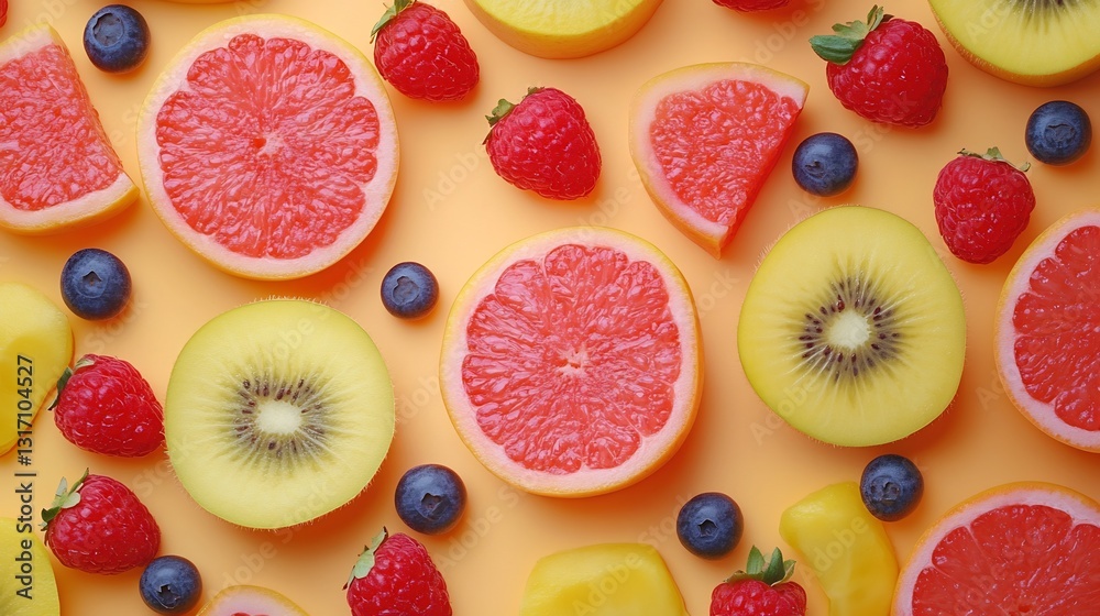 Vibrant juicy fruit slices playfully arranged on yellow background. AI Generated Vibrant juicy fruit slices playfully arranged on yellow background. AI Generated