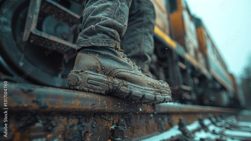 Fototapeta premium Man wearing leather safety shoes climbing train locomotive driver cabin