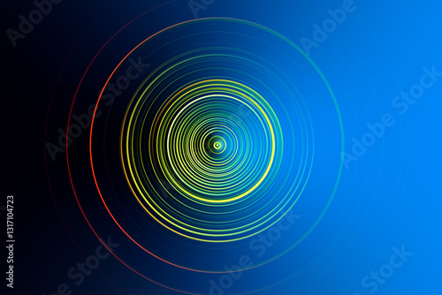 Abstract Radial Motion Blur on a blue Background. Yellow, red circles. Circle template for label, fabric, clothing or brochure design. Background for modern graphic design and text.