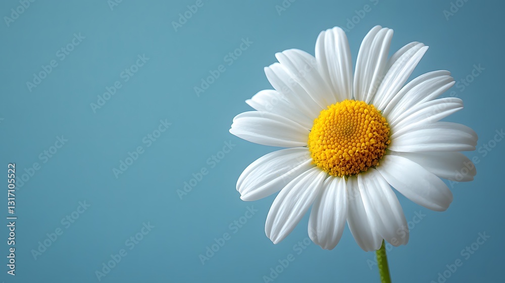 Single perfect daisy with crisp white petals and vibrant yellow center blooms against soft light blue background, captured in elegant simplicity with smooth gradient and tranquil atmosphere. Single perfect daisy with crisp white petals and vibrant yellow center blooms against soft light blue background, captured in elegant simplicity with smooth gradient and tranquil atmosphere.