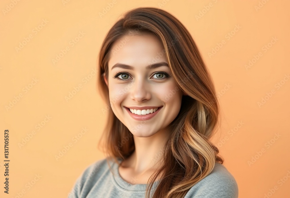Photorealistic portrait of a smiling female against a warm pastel background Photorealistic portrait of a smiling female against a warm pastel background