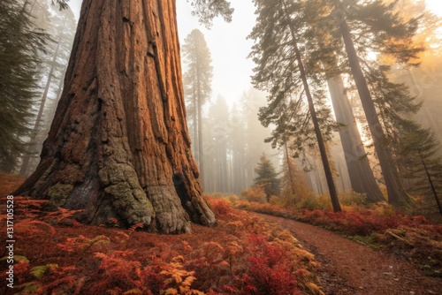 Majestic Redwood, Golden Hour Embrace: Nature's Girth, Autumnal Hues