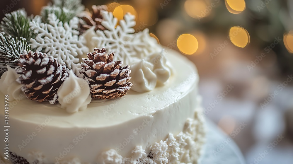 Festive Winter Cake with Pine Cones and Snowflakes Decoration Festive Winter Cake with Pine Cones and Snowflakes Decoration