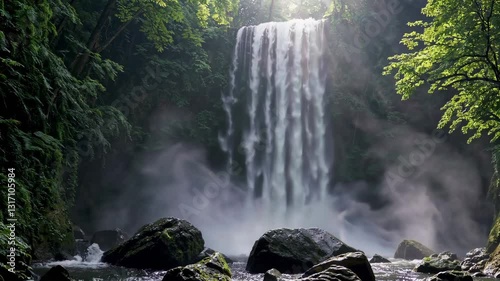 Serenity at a stunning waterfall surrounded by lush greenery in a tranquil forest