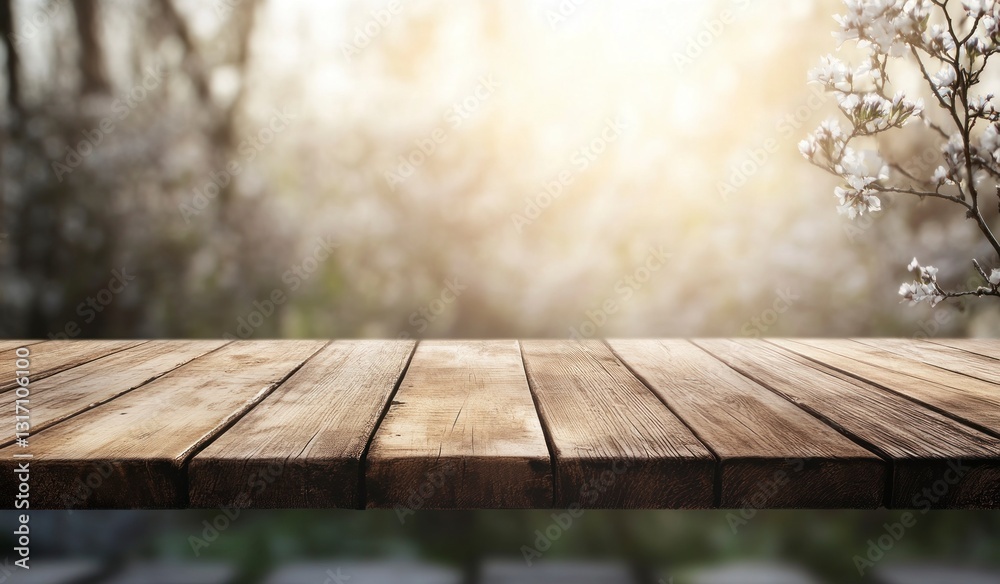 Fototapeta premium Wooden Tabletop with Blossoming Cherry Tree and Sunny Spring Background