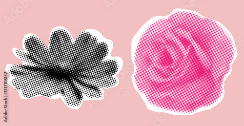 Flowers in retro halftone style on pastel pink,collage element