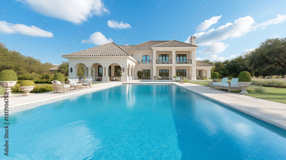 Obraz premium Luxurious home with stunning swimming pool, surrounded by lush greenery and elegant landscaping. perfect blend of comfort and in serene outdoor setting