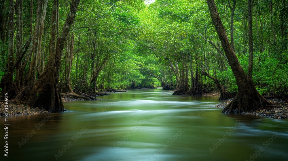 Fototapeta premium Lush green forest with a peaceful river flowing through creating serenity scene