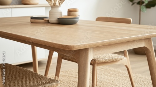 Oak Dining Table with Woven Chairs: Modern Minimalist Interior Design